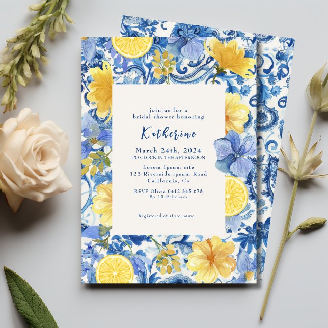 Lemon citrus italian blue bridal shower invitation (Creator Uploaded)