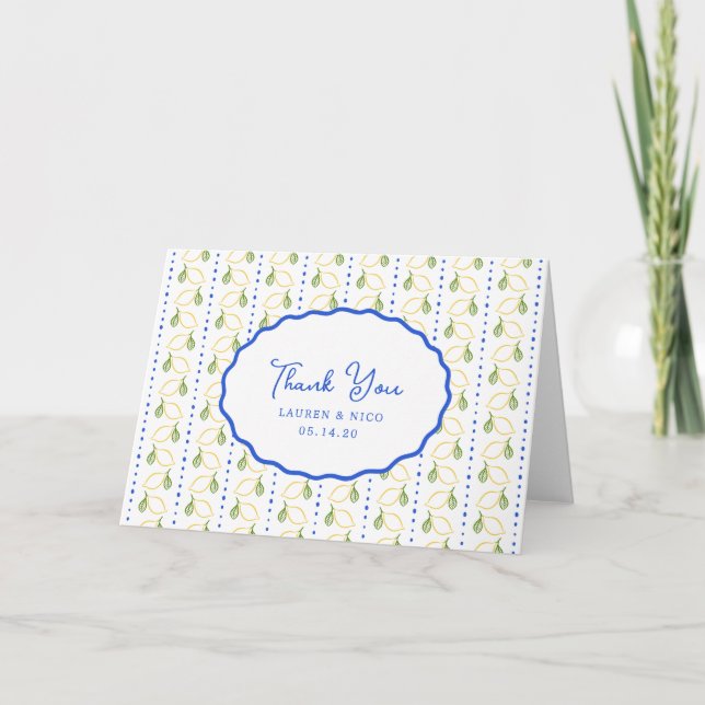Lemon Citrus Italian Blue & Yellow Custom Wedding Thank You Card (Front)