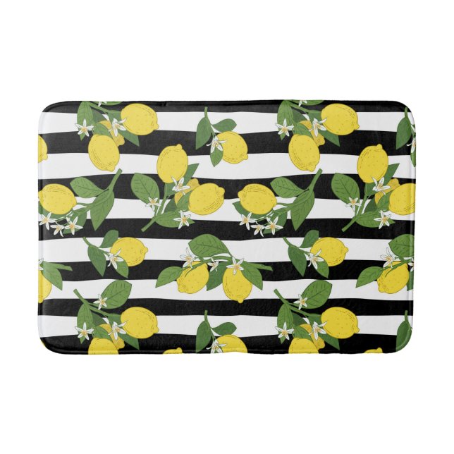 Lemon Citrus Lemons Fruit Black Stripes Bath Mat (Front)