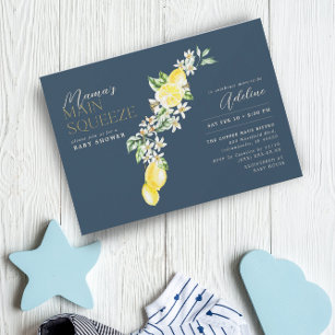 Lemon Citrus Mama's Main Squeeze Blue Baby Shower Invitation
