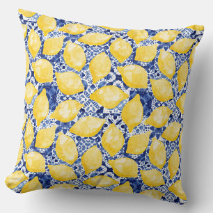 Lemon Citrus Mediterranean Blue White Tile Pattern Cushion