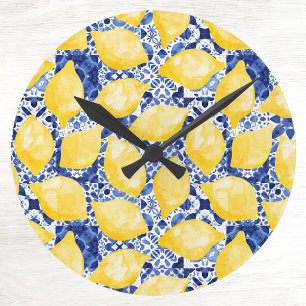 Lemon Citrus Mediterranean Blue White Tile Pattern Round Clock