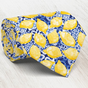 Lemon Citrus Mediterranean Blue White Tile Pattern Tie