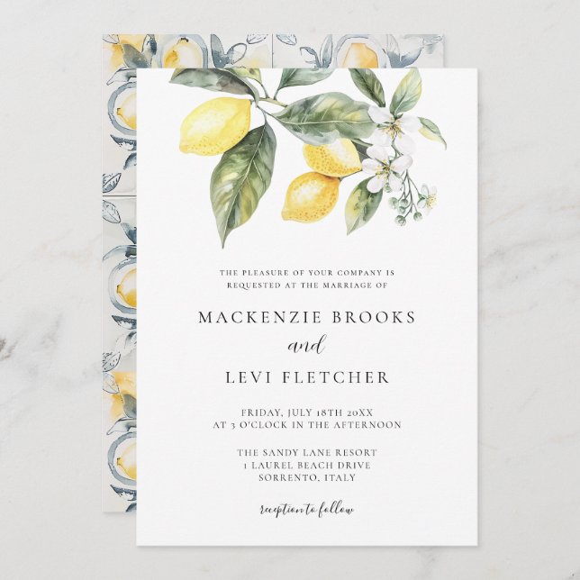 Lemon Citrus Mediterranean Tiles Nature Wedding Invitation (Front/Back)