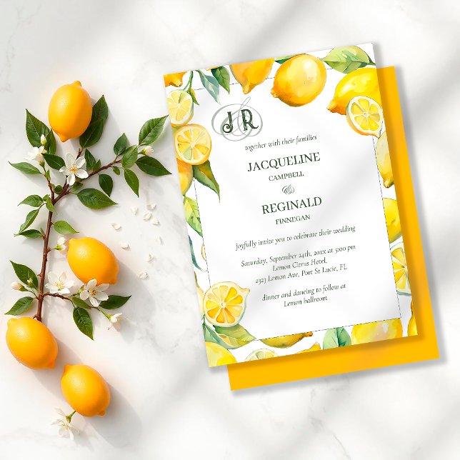 Lemon Citrus Modern Vibrant Bold Monogram Wedding Invitation (Creator Uploaded)
