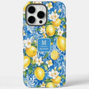 Lemon Citrus Monogram Name Blue Yellow Floral iPhone 16 Pro Max Case