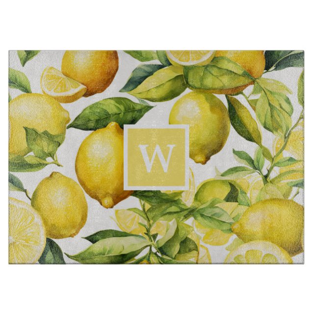 Lemon Citrus Pattern Monogram Cutting Board (Front)