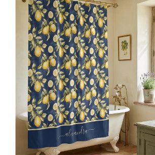 Lemon Citrus Pattern Monogram Name Shower Curtain