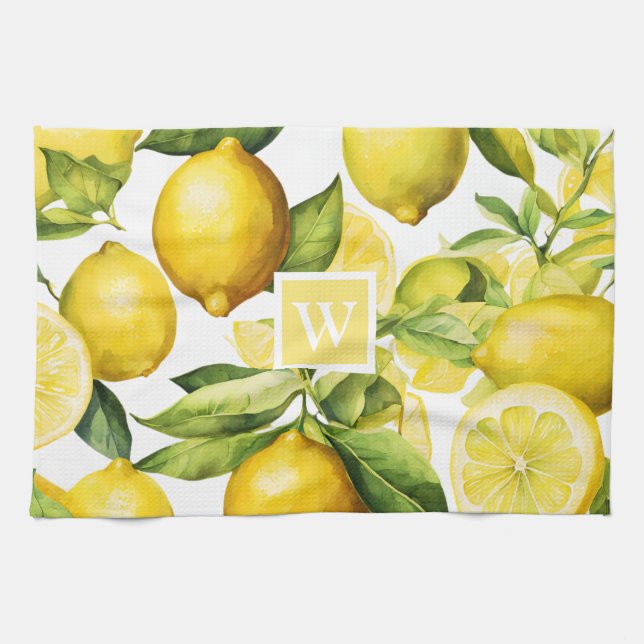 Lemon Citrus Pattern Monogram Tea Towel (Horizontal)