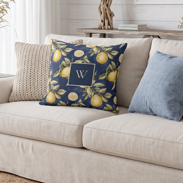 Lemon Citrus Pattern Monogram Throw Pillow (Creator Uploaded)