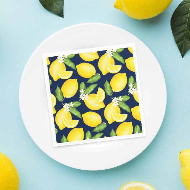 Lemon Citrus Pattern Navy Blue Napkin (Creator Uploaded)