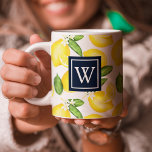 Lemon Citrus Pattern Navy Monogram Coffee Mug<br><div class="desc">This design features a watercolor lemon pattern with a navy blue square and monogram initial.</div>