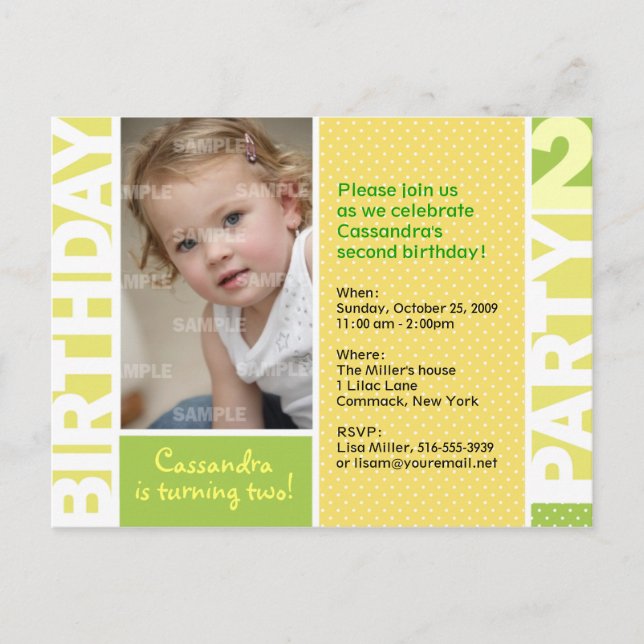 Lemon Citrus Polka Dot 2nd Birthday Postcard (Front)