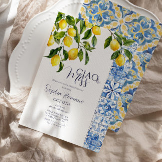 Lemon Citrus Positano Blue Tiles Bridal Shower Invitation
