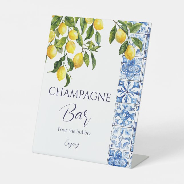 Lemon Citrus Positano Blue Tiles Champagne Bar Pedestal Sign (Front)