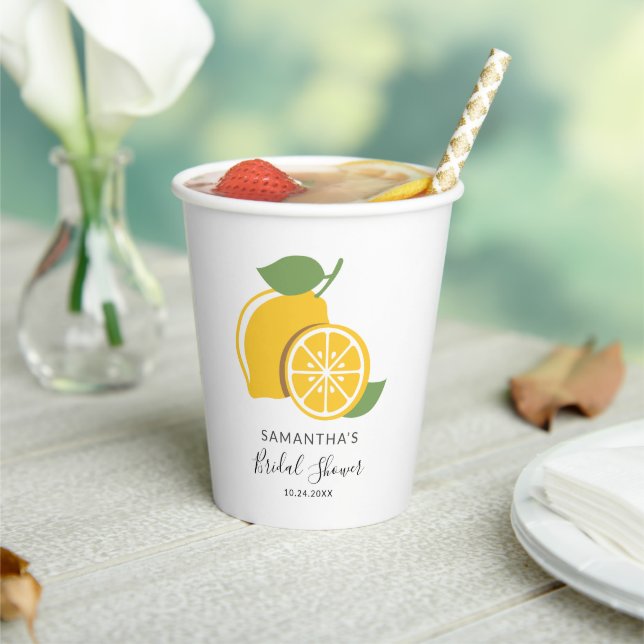 Lemon Citrus Script Hand-Lettered Bridal Shower Paper Cups (Insitu)