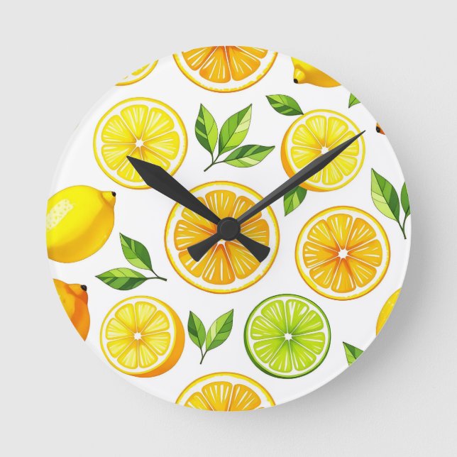 Lemon Citrus Slice Pattern Round Clock (Front)