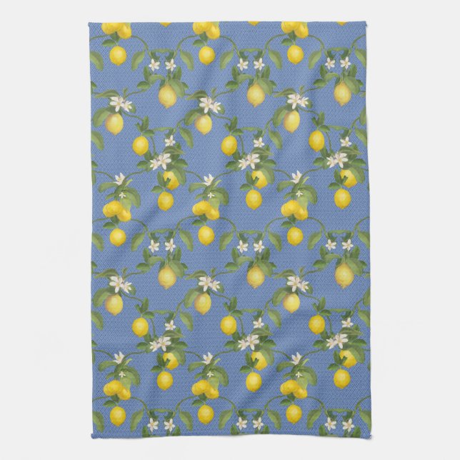 Lemon Citrus Trellis French Country Farmhouse Blue Tea Towel (Vertical)