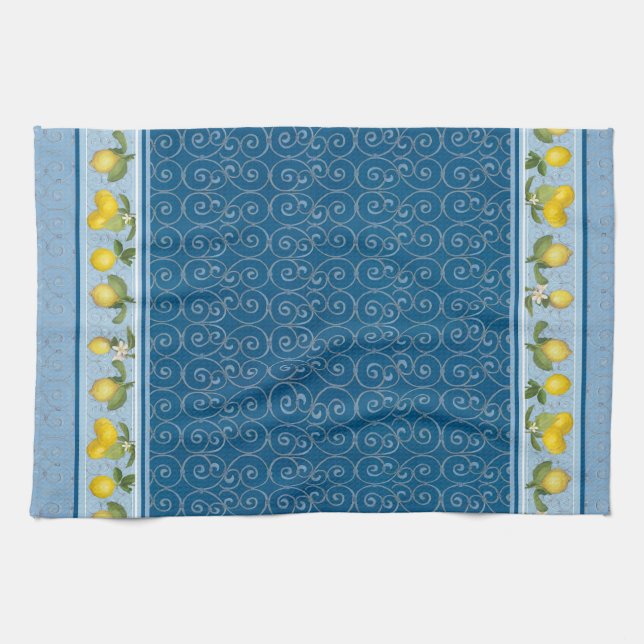Lemon Citrus Trellis French Country Farmhouse Navy Tea Towel (Horizontal)
