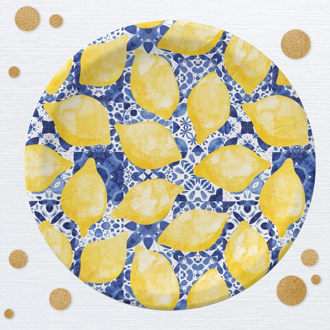 Lemon Citrus Watercolor Blue Mediterranean Tile Paper Plate (Watercolor lemons on a blue and white Mediterranean tile background patterned party paper plates)