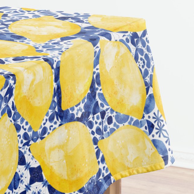 Lemon Citrus Watercolor Blue Mediterranean Tile Tablecloth (Watercolor lemons on a blue and white Mediterranean tile background patterned tablecloth)