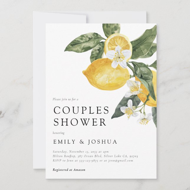 Lemon Citrus Watercolor Couples Shower Invitation (Front)