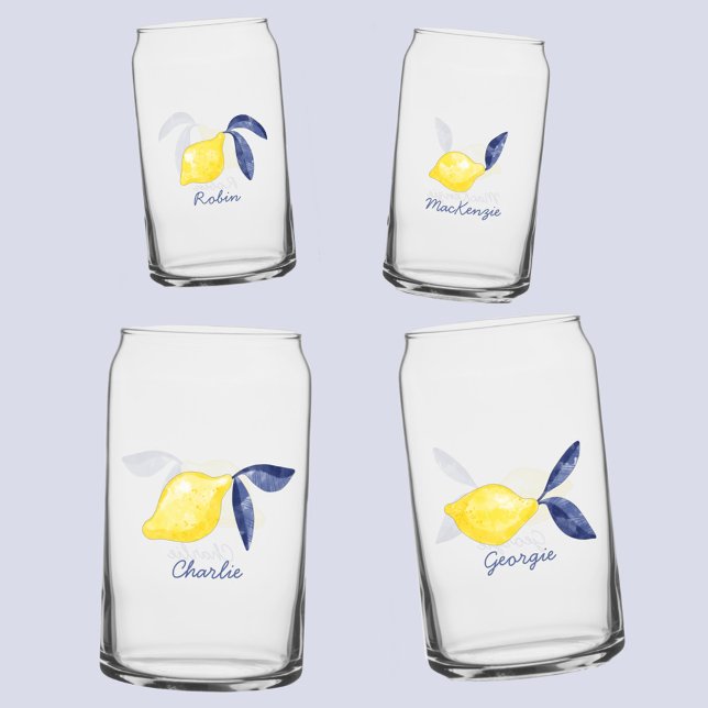 Lemon Citrus Watercolor Personalised Name Can Glass (Fresh citrus lemon watercolor individual name personalized glasses)