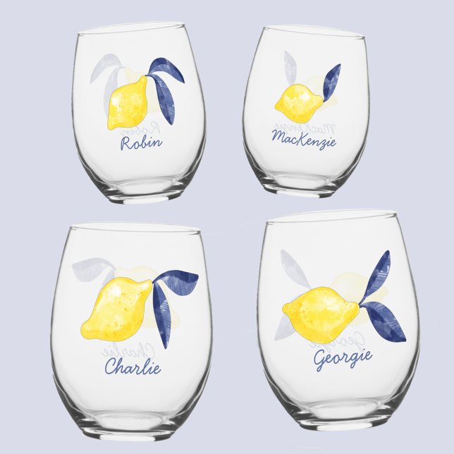 Lemon Citrus Watercolor Personalised Name Stemless Wine Glass (Fresh citrus lemon watercolor individual name personalized glasses)