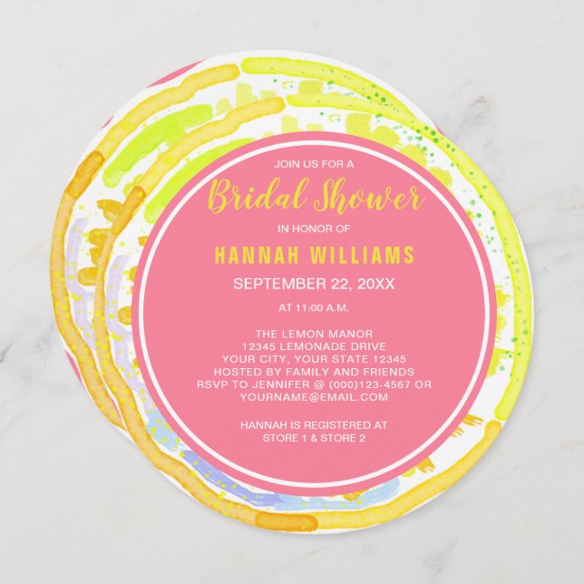 Lemon Citrus Watercolor Pink Bridal Shower Invite (Front/Back)