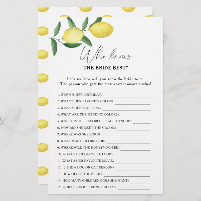 Lemon citrus - Who knows the bride best game (Front/Back)