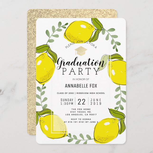 Lemon Citrus Wreath Gold Glitter Graduation Invitation (Front/Back)