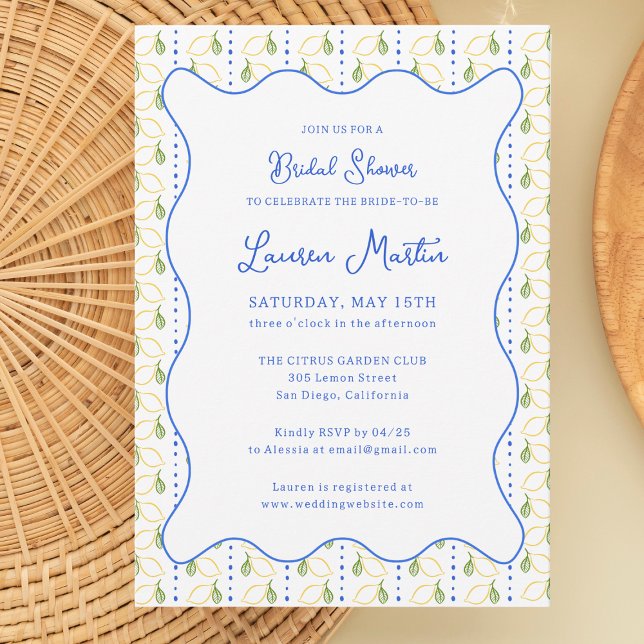 Lemon Citrus Yellow and Blue Italian Bridal Shower Invitation (Creator Uploaded)