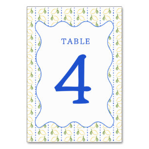 Lemon Citrus Yellow and Blue Italian Bridal Shower Table Number