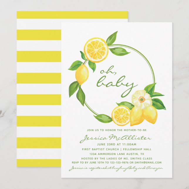 Lemon Citrus Yellow Stripes Unisex Baby Shower Invitation (Front/Back)