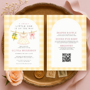 Lemon Clothesline Sweet Girl Gingham Baby Shower Invitation