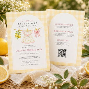Lemon Clothesline Sweet Girl Gingham Baby Shower Invitation
