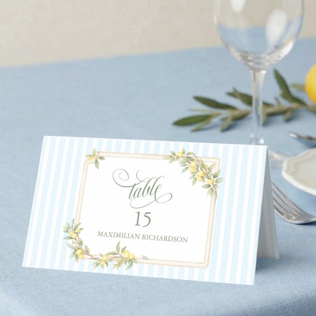 Lemon Coastal Stripe Personalised Wedding Place Card (mediterranean lemon coastal pale blue stripe wedding table place card with custom guest name)