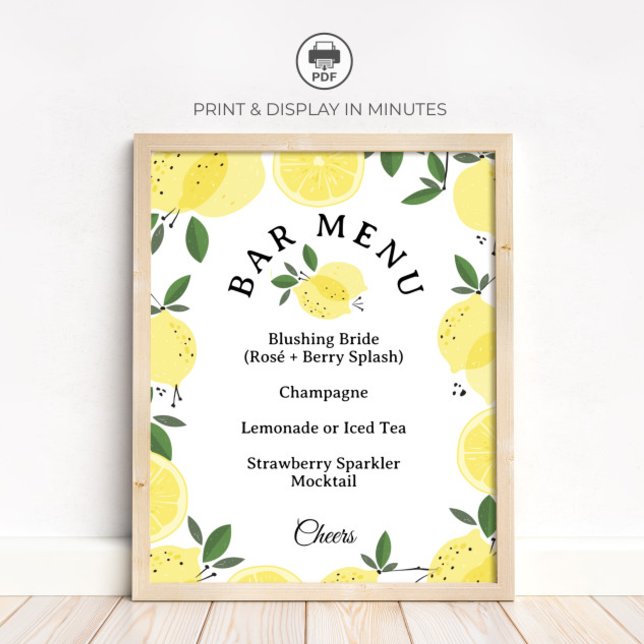 Lemon Cocktail Bar Menu Bridal Shower Sign (Creator Uploaded)