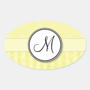 Lemon Cream Damask with Stripes and Monogram Oval Sticker