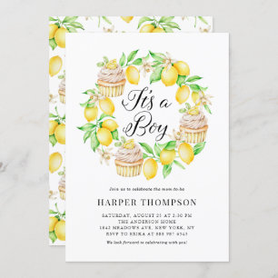 Lemon Cupcakes Wreath It's a Boy Baby Shower Invitation