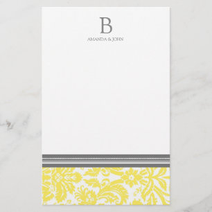 Lemon Damask Wedding Monogram Stationery