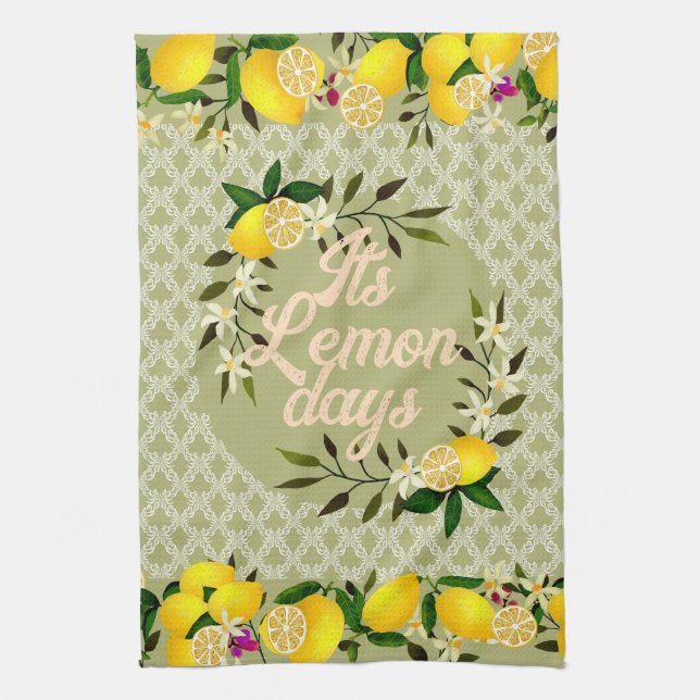 Lemon Days Motif Green Tea Towel (Vertical)