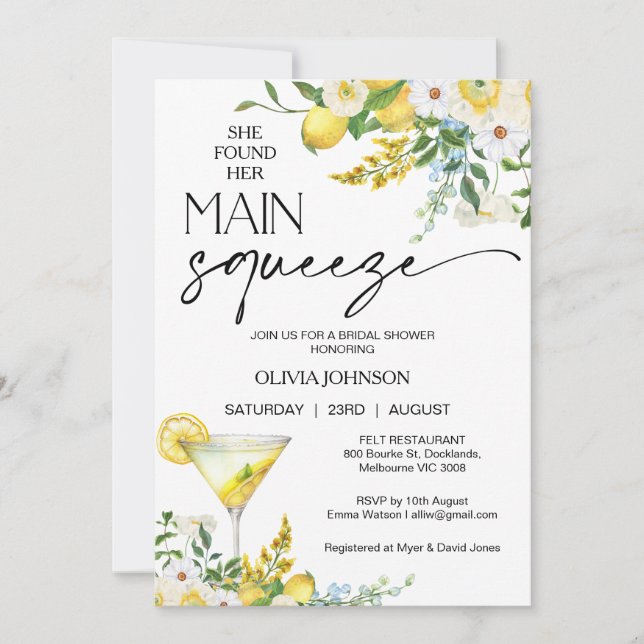 Lemon Drop Martini Main Squeeze Bridal Shower Invitation (Front)