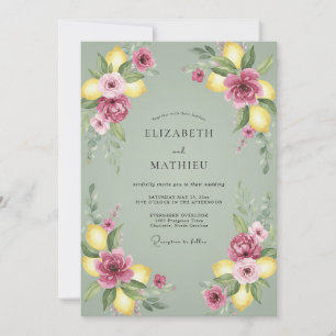 Lemon Dusty Pink Citrus Eucalyptus Wedding Invitation