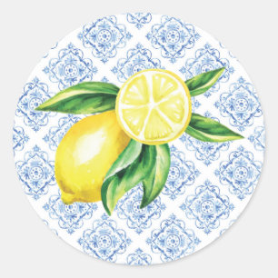Lemon Envelope Seals, Blue Tile Italian Classic Round Sticker