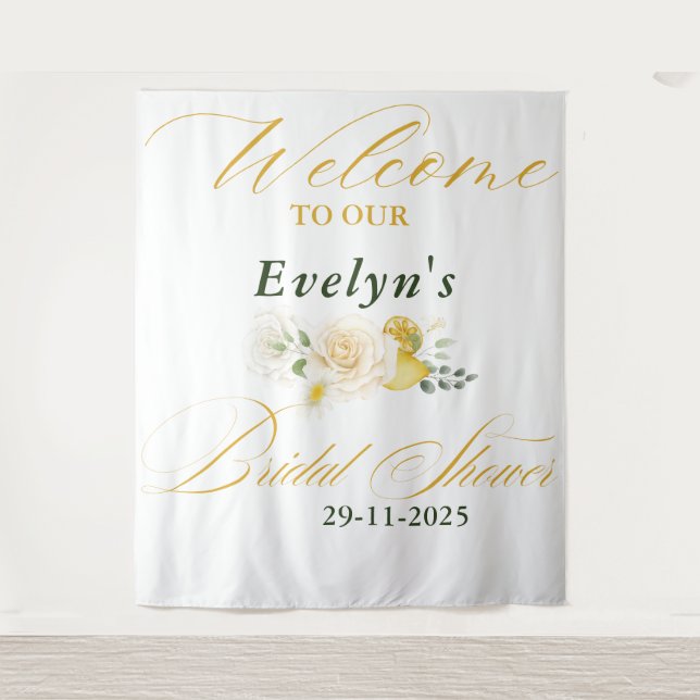 Lemon Eucalyptus Rose Elegant Script Bridal Shower Tapestry (Front)