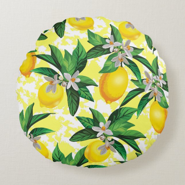 Lemon Fantasy: Creative Floral Pattern Round Cushion (Front)
