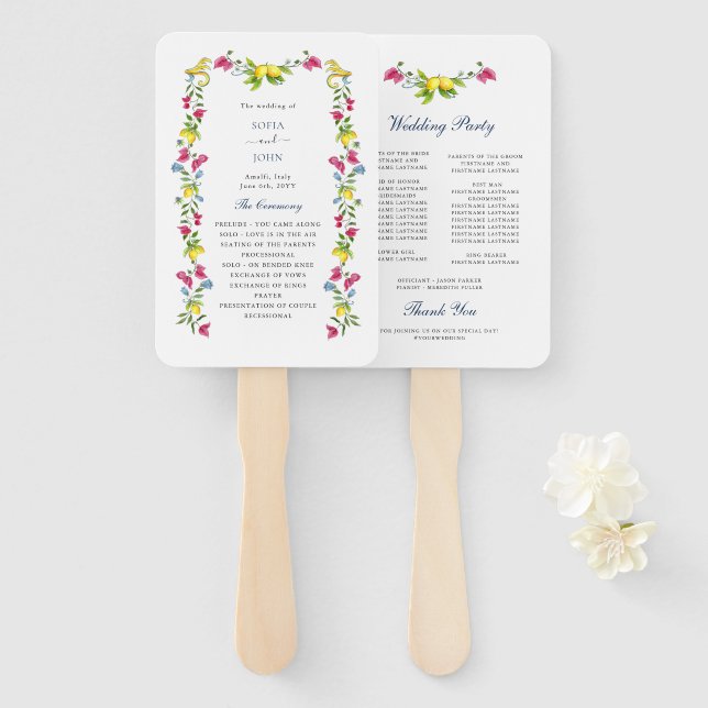 Lemon Floral Amalfi Italian  wedding program  Hand Fan (Front and Back)