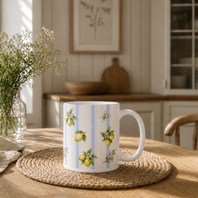 Lemon Floral Blue Stripe Cottage Kitchen Mug (Creator Uploaded)