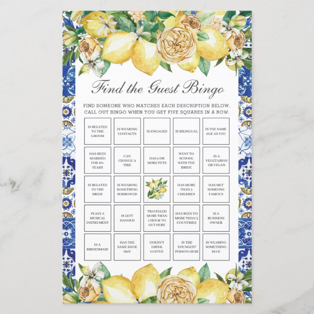 Lemon Floral Bridal Shower Find the Guest Bingo  (Front)